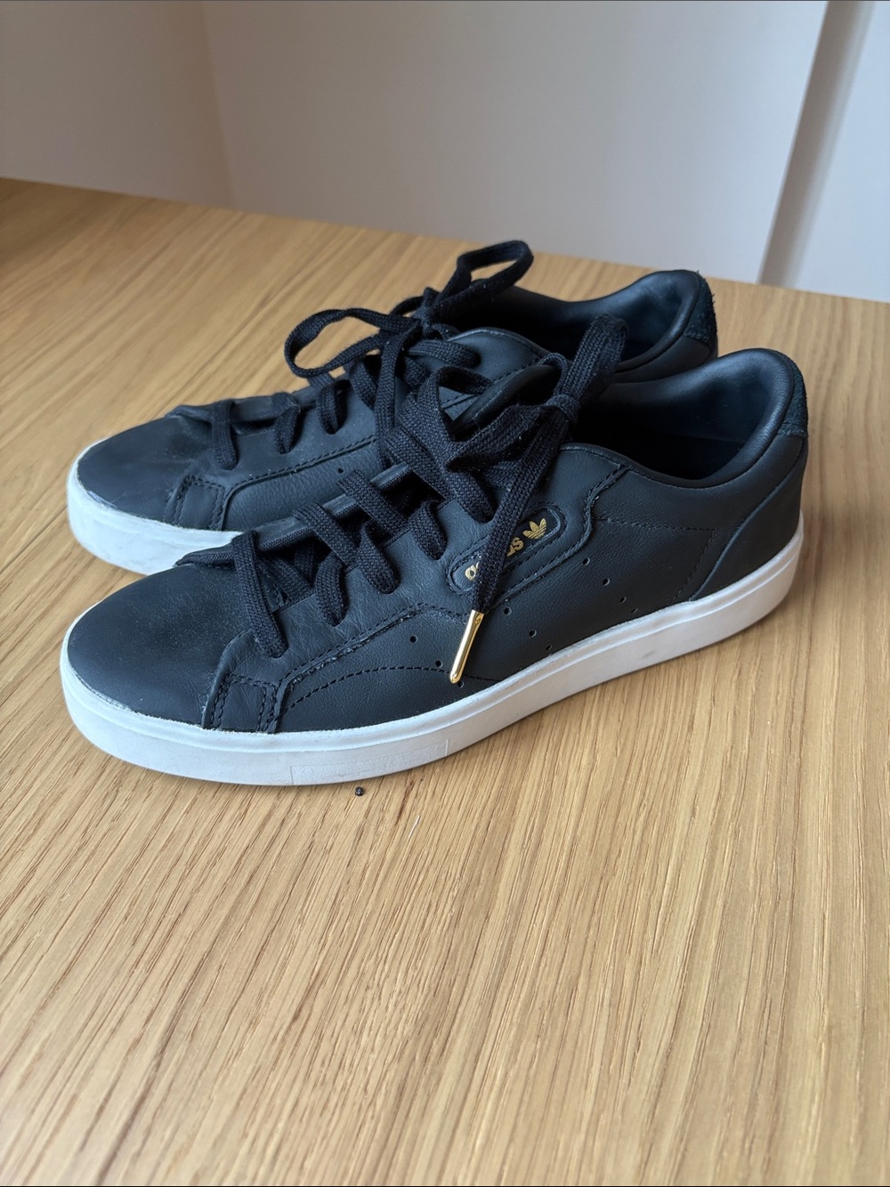 adidas Black Leather Sneakers with White Sole and Gold Trim